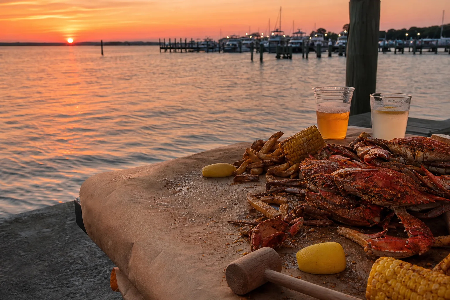 Waterfront tables glowing at sunset beside the bay in Ocean City, Maryland