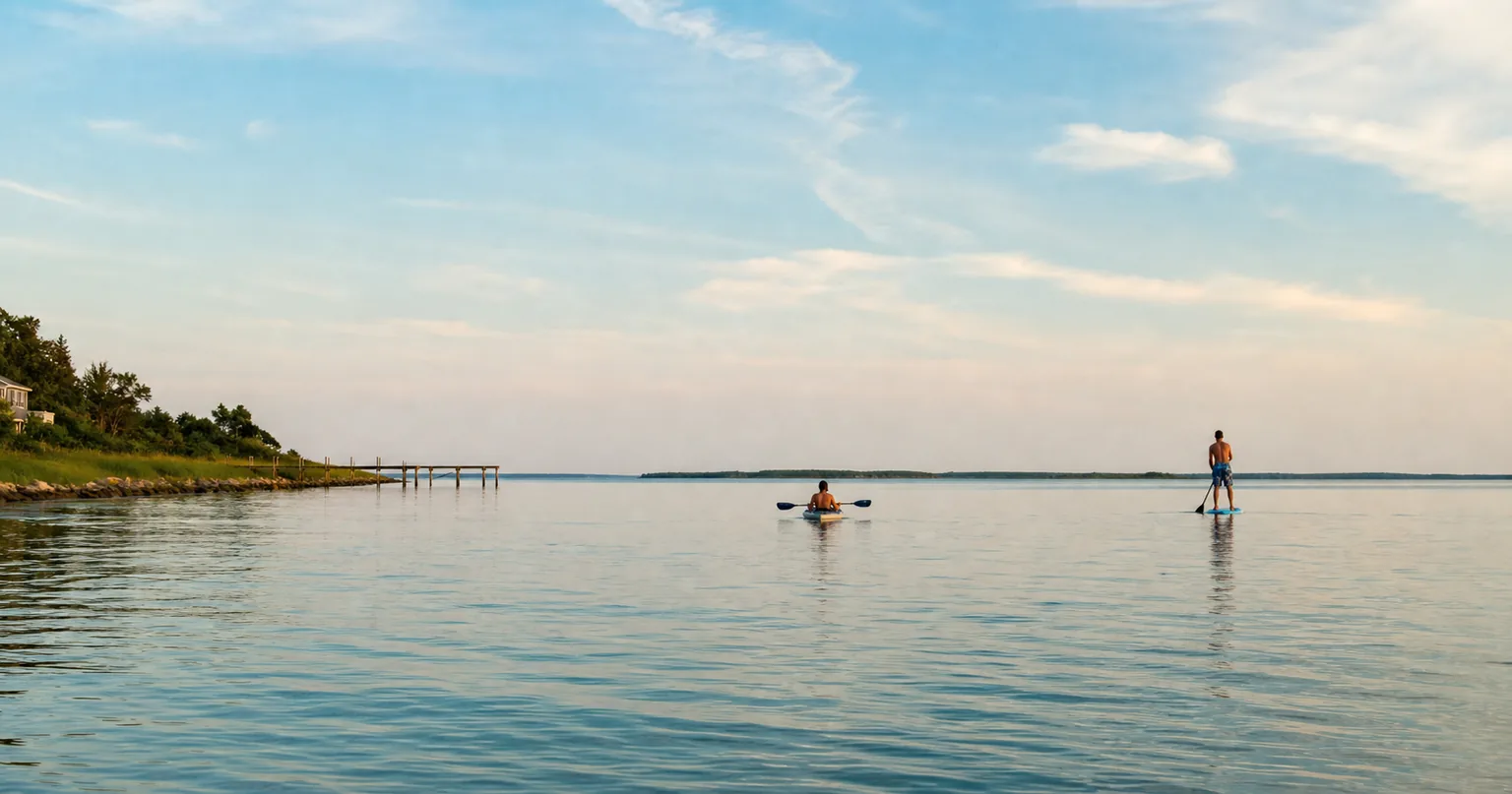 Kayak and paddleboard silhouettes on Isle of Wight Bay