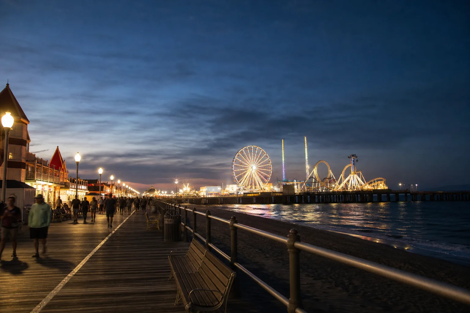 Ocean City Boardwalk and street-level lights at dusk